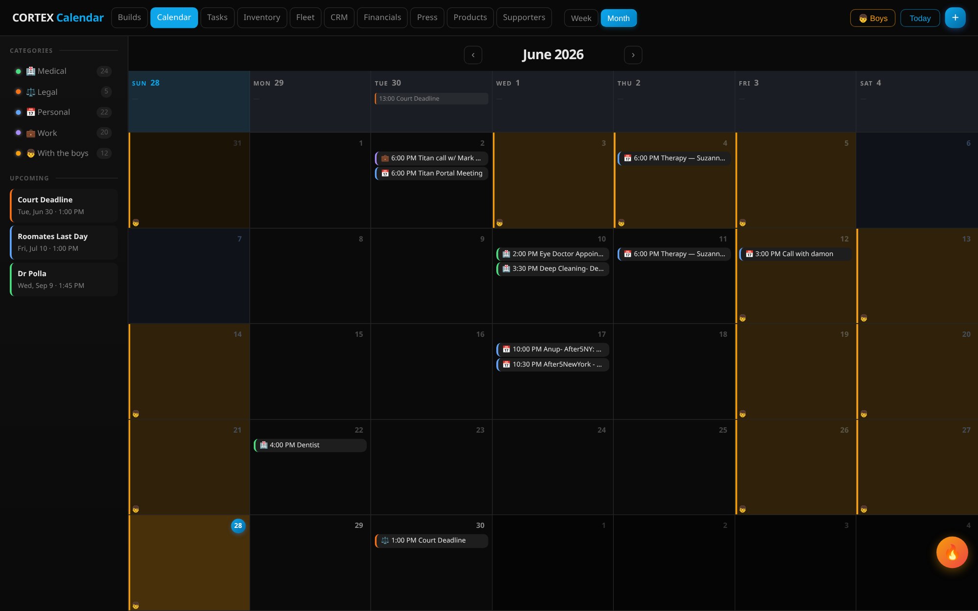 Cortex Calendar — week view with appointments and build-linked slots