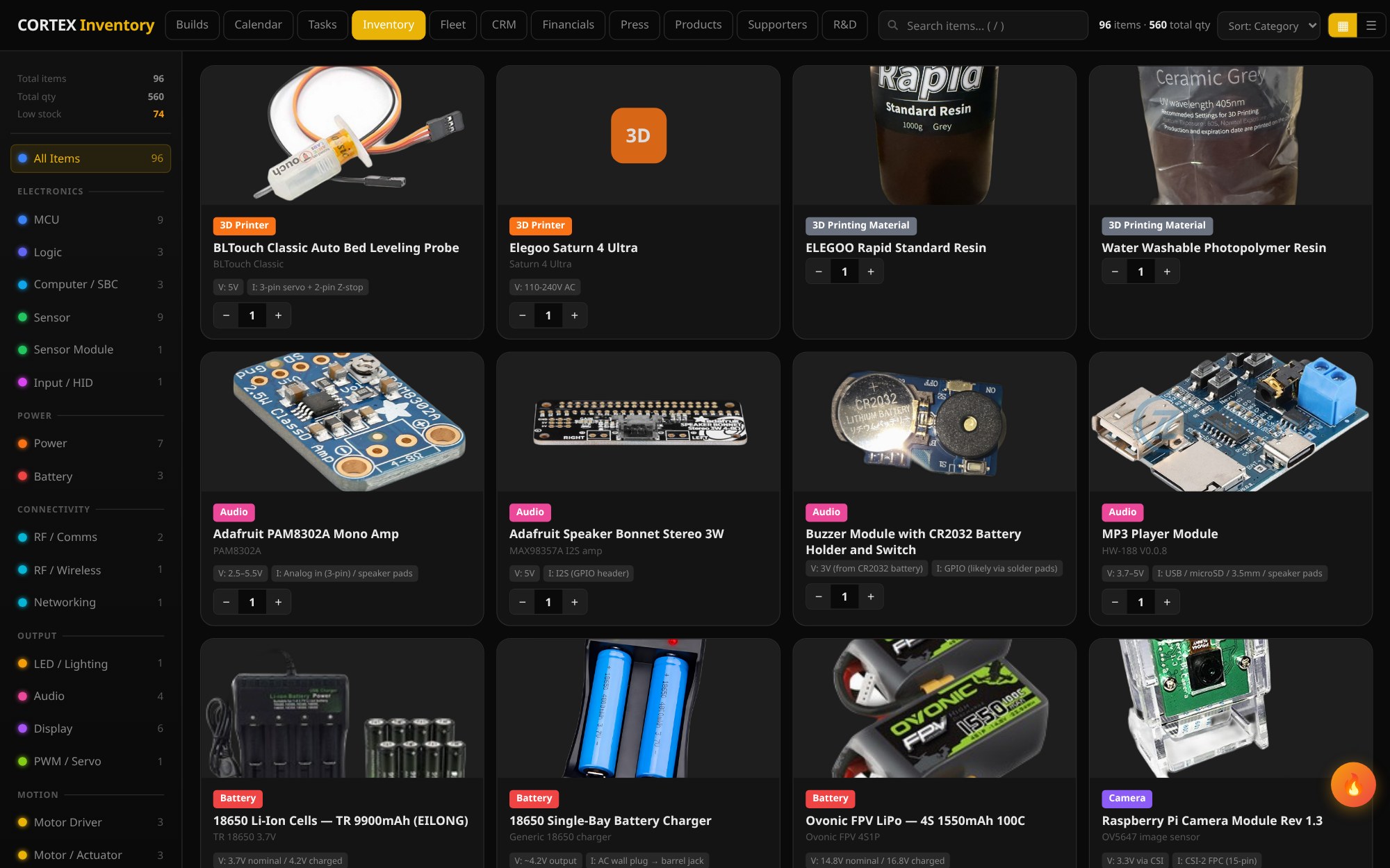 Cortex Inventory — 96 items across Electronics, Power, Connectivity, Output, Motion. Each card shows photo, V/I spec, +/- quantity control. Low-stock badge on items below threshold.