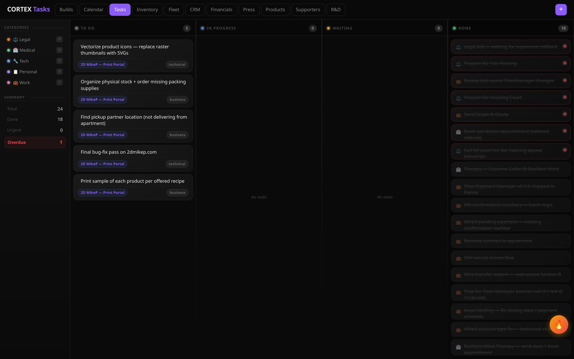 Cortex Tasks — kanban with To Do / In Progress / Waiting / Done, categorized by Legal / Medical / Tech / Personal / Work; build tags link each task back to its parent build